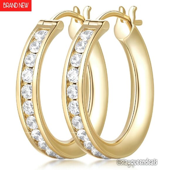 14K Gold Plated Hoop Earrings 20mm Cubic Zirconia Hypoallergenic